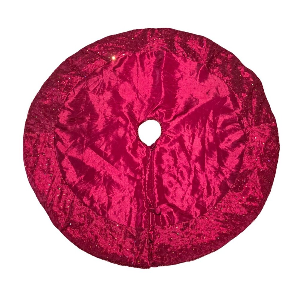 Christmas Tree Skirt Sequins Button Closure holiday decor red festive padded